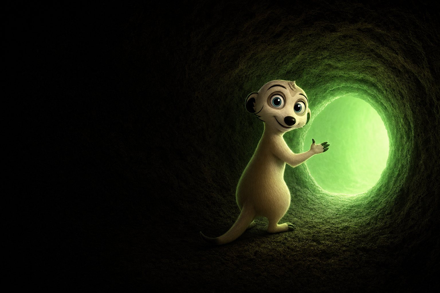 A meerkat beside a tunnel mouth glowing green, inviting you in
