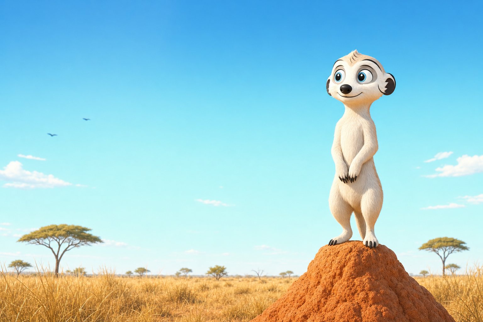 A lone meerkat sentry standing on a termite mound under a wide Kalahari sky